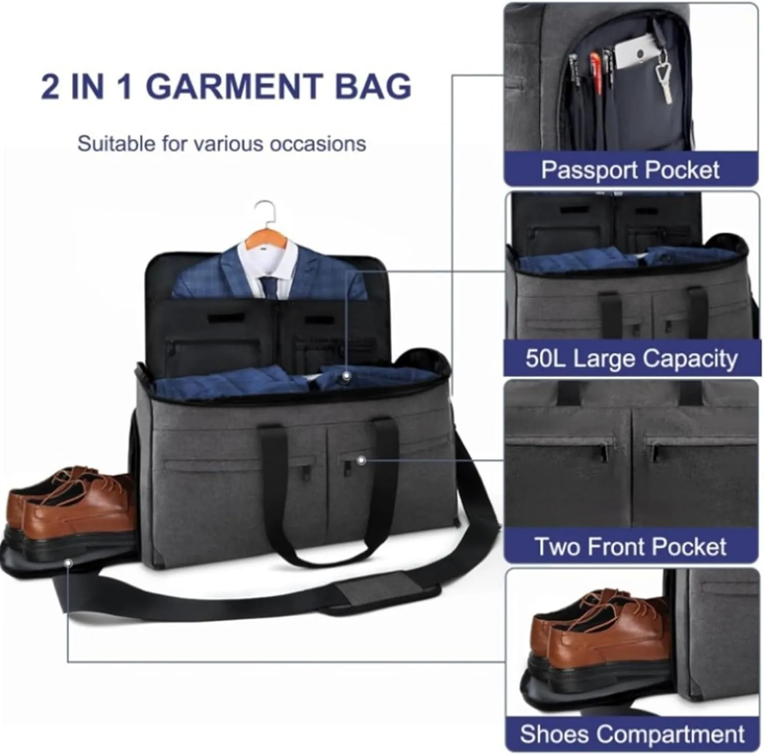 Habrur Duffel Bag Convertible Garment Bags for Travel with Shoes Compartment,2 in 1 Garment Duffle Bag Overnight Bag Travel (Color : B, Size : 22.1 * 10.2 * 12.9in)
