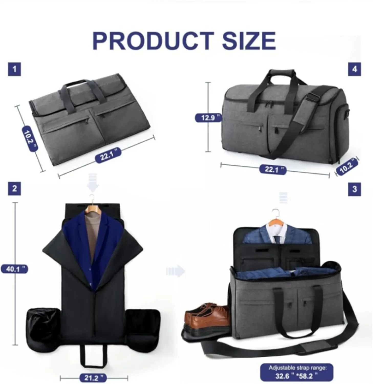Habrur Duffel Bag Convertible Garment Bags for Travel with Shoes Compartment,2 in 1 Garment Duffle Bag Overnight Bag Travel (Color : B, Size : 22.1 * 10.2 * 12.9in)