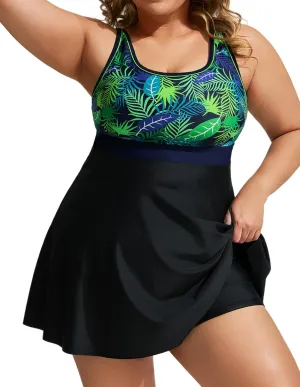 Hanna Nikole Women Plus Size Two Piece Swimsuits Swimdress Sport Flowy Tummy Control Bathing Suit Color Block with Boyshorts