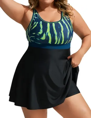 Hanna Nikole Women Plus Size Two Piece Swimsuits Swimdress Sport Flowy Tummy Control Bathing Suit Color Block with Boyshorts