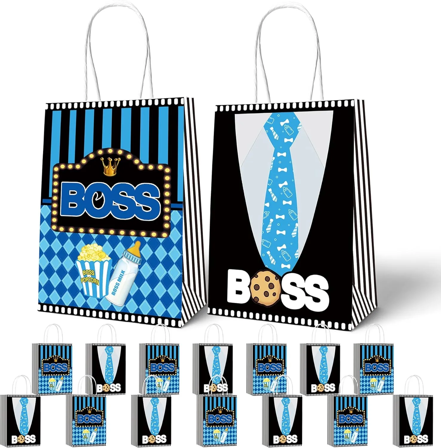 HAPPARTY 16 PCS BOSS Theme Party Gift Goodie Candy Treat Bags with Handles, Black Blue Grocery Retail Shopping Kraft Paper Take Out Bags for Baby Boy Birthday Decorations