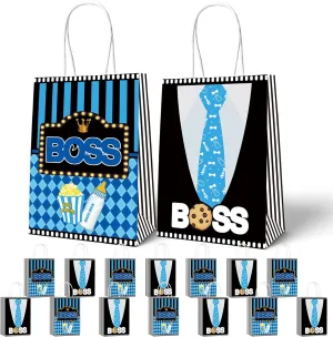 HAPPARTY 16 PCS BOSS Theme Party Gift Goodie Candy Treat Bags with Handles, Black Blue Grocery Retail Shopping Kraft Paper Take Out Bags for Baby Boy Birthday Decorations