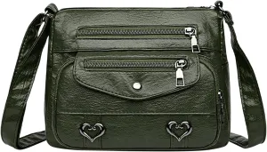Heart Decor Crossbody Bag Solid Vintage PU Leather Shoulder Bag Versatile Women Pockets Purse With And (Green, One Size)