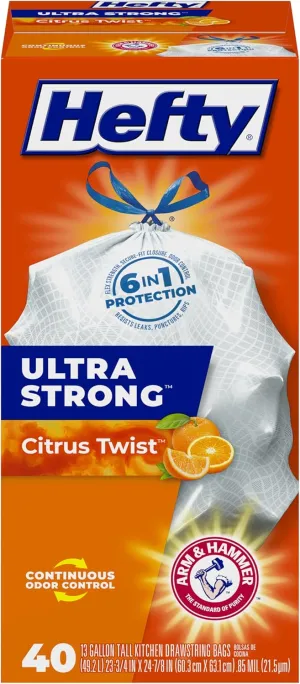 Hefty Ultra Strong Tall Kitchen Trash Bags, Citrus Twist Scent, 13 Gallon, 40 Count