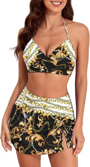 Herseas Women's Bikini Set 2 Piece High Waisted Swimsuit Halter Wrap Top Split Swim Skirt Bathing Suit