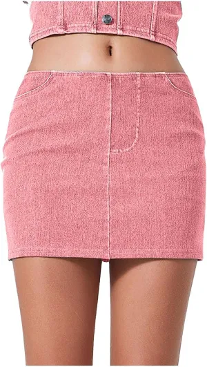 HGps8w Womens Bodycon Mini Denim Skirt with Bulit in Self Shorts, High Waisted Casual Stretch Short Jean Skirt with Pockets