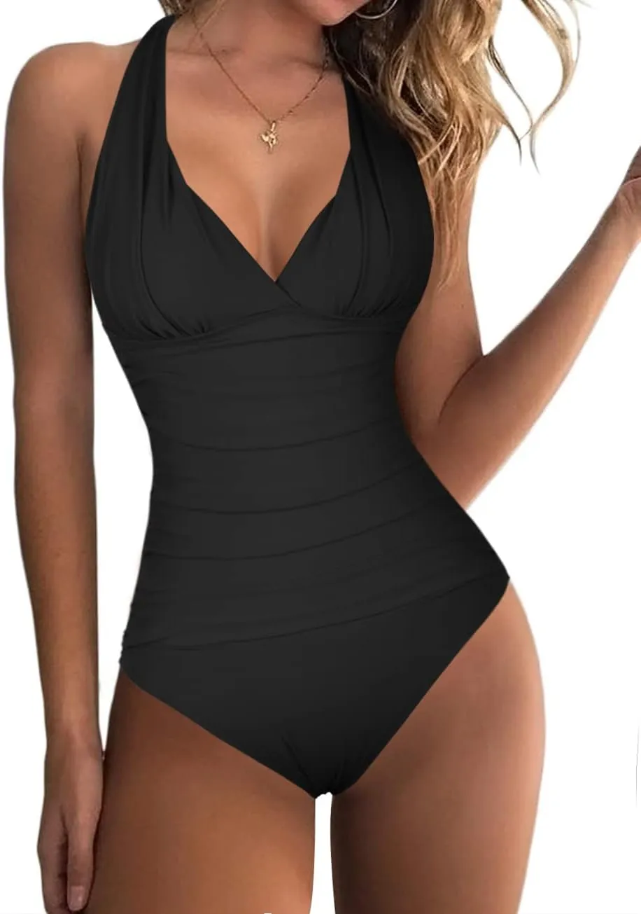 Hilor Women's One Piece Swimsuits V Neck Shirred Swimwear Tummy Control Halter Bathing Suits Monokini