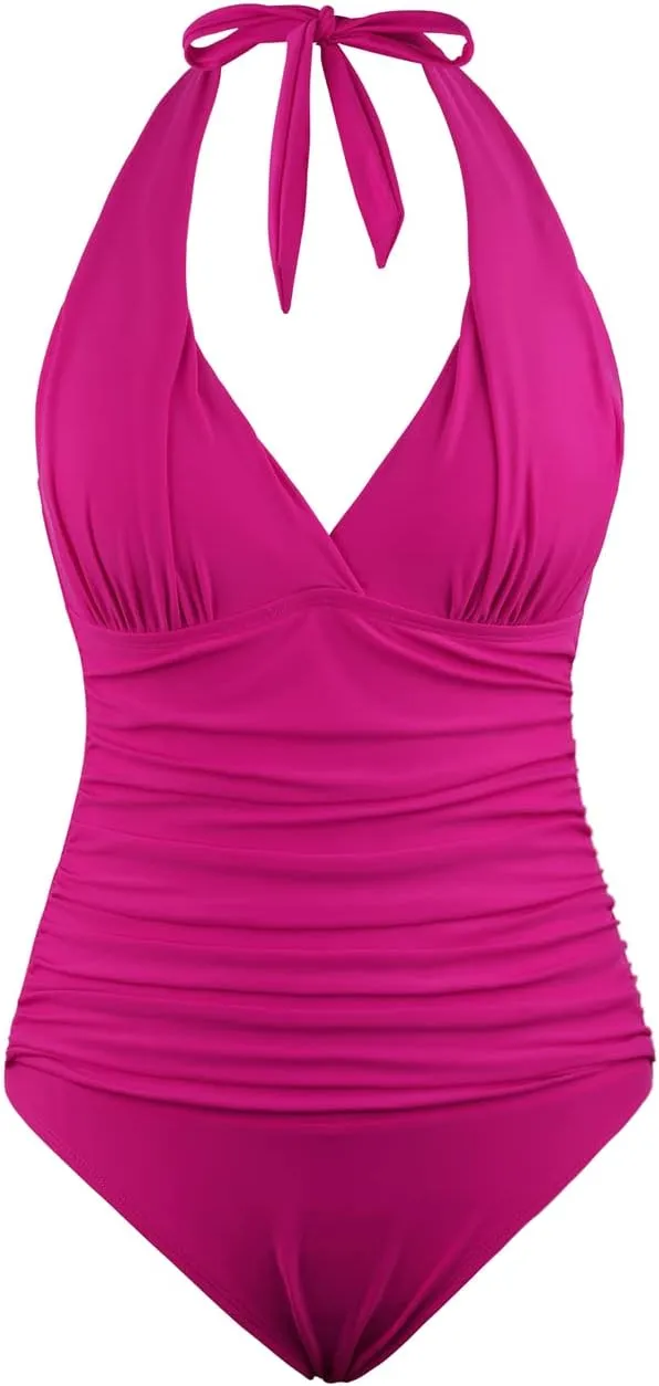 Hilor Women's One Piece Swimsuits V Neck Shirred Swimwear Tummy Control Halter Bathing Suits Monokini