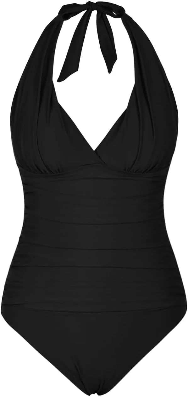 Hilor Women's One Piece Swimsuits V Neck Shirred Swimwear Tummy Control Halter Bathing Suits Monokini