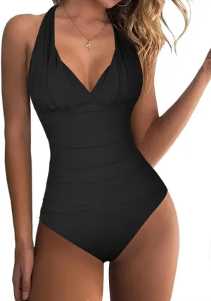 Hilor Women's One Piece Swimsuits V Neck Shirred Swimwear Tummy Control Halter Bathing Suits Monokini