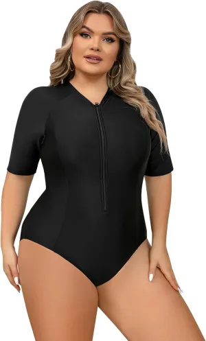 IDOPIP Plus Size One Piece Swimsuit for Women Tummy Control Bathing Suit Sun Protection UPF 50  Rash Guard Surfing Swimwear