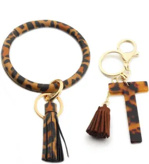 Initial Letter Leopard Print Keychain and Tassel Wristlet Chain Premium Bag Charm Keychain Accessories for Women