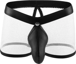 JEsilunmaMY Men's See Through Boxer Briefs Mesh Hollow Underwear with Removable Pouch Open Crotch Leather Lingerie Clubwear