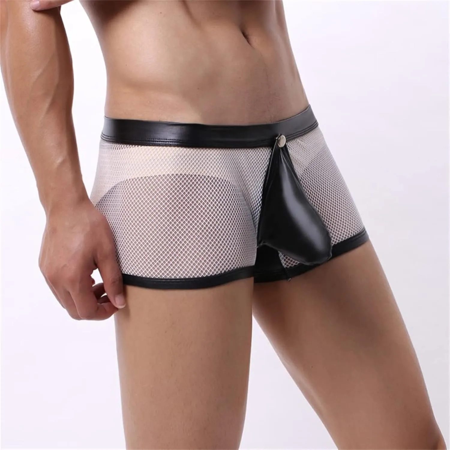 JEsilunmaMY Men's See Through Boxer Briefs Mesh Hollow Underwear with Removable Pouch Open Crotch Leather Lingerie Clubwear