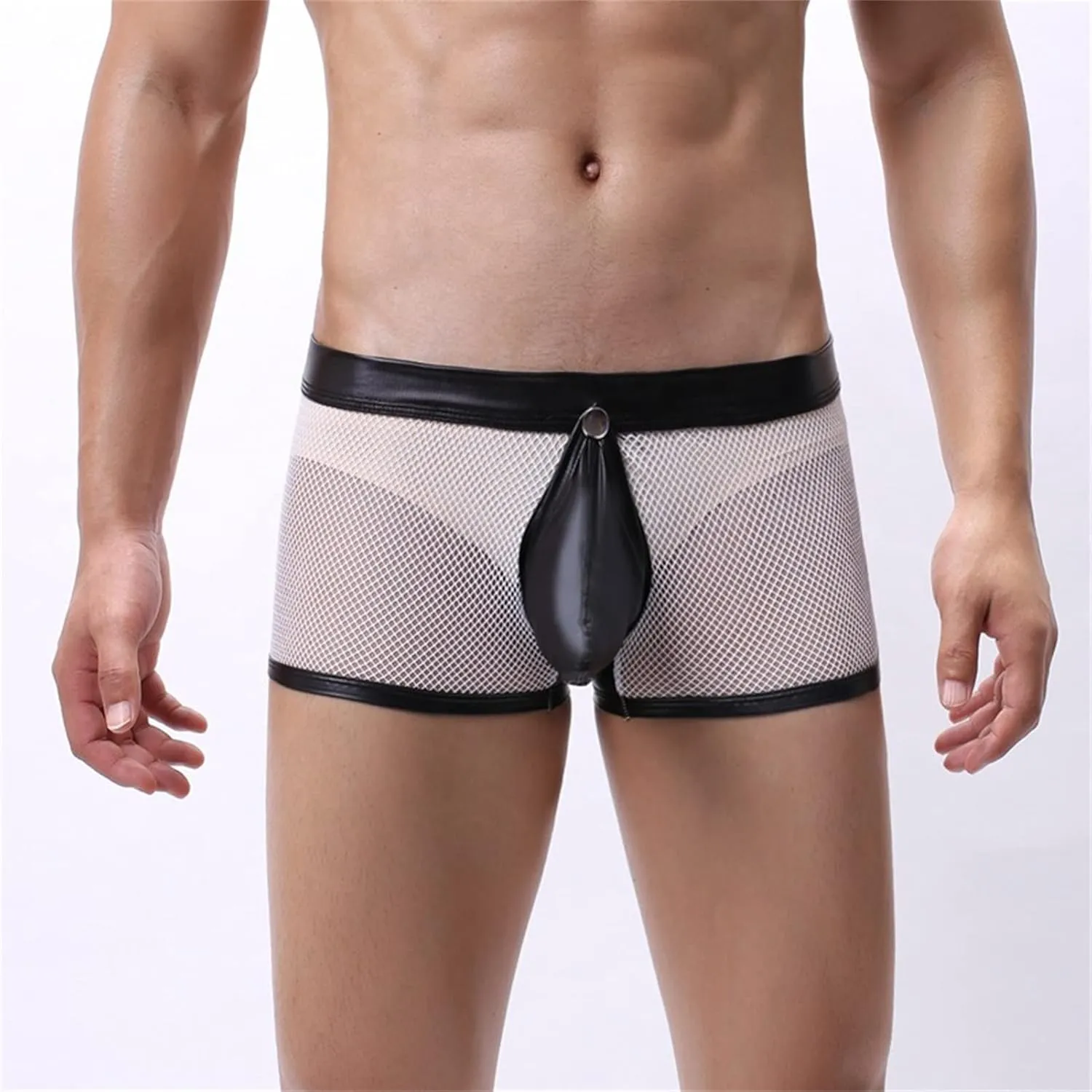 JEsilunmaMY Men's See Through Boxer Briefs Mesh Hollow Underwear with Removable Pouch Open Crotch Leather Lingerie Clubwear