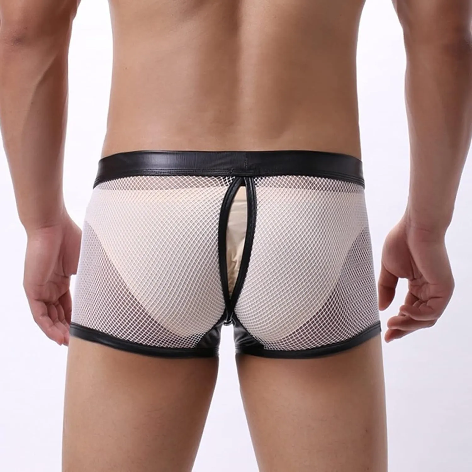 JEsilunmaMY Men's See Through Boxer Briefs Mesh Hollow Underwear with Removable Pouch Open Crotch Leather Lingerie Clubwear