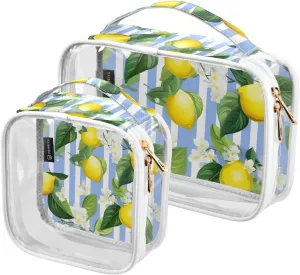 Joko Ivery Lemon Blue White Stripe 2 Pieces Clear Makeup Cosmetic Toiletry Bags for Women Men PVC Waterproof Travel Storage Carry Pouch with Gold Zippers Plastic Tote Bags for Organizing Bathroom