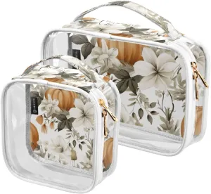 Joko Ivery Pumpkins Flowers 2 Pieces Clear Makeup Cosmetic Toiletry Bags for Women Men PVC Portable Travel Storage Carry Pouch with Gold Zippers Handbag Purse for Organizing Traveling Bathroom