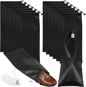 JUSTDOLIFE 14 PCS Shoe Bags for Travel, Portable Black Satin Fabric Shoe Cover for Men and Women, Shoe Bags for Storage, Drawstring Single Leather Shoe Bag with Blank Labels
