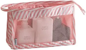 JZ 2 pieces Portable Toiletry Bag,Mesh Shower Bag,hanging wash bag for travelling,Makeup Bag Mesh Sacchetto cosmetico Travel Wash Bag With Zipper for women man Girls boy - Pink Stripe