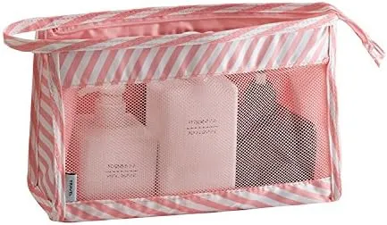 JZ 2 pieces Portable Toiletry Bag,Mesh Shower Bag,hanging wash bag for travelling,Makeup Bag Mesh Sacchetto cosmetico Travel Wash Bag With Zipper for women man Girls boy - Pink Stripe