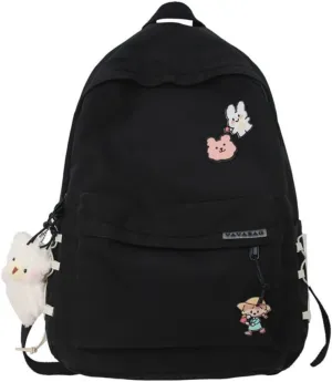 Kawaii Backpack with Cute Accessories Aesthetic 15.6 Inch Laptop Backpack Pin Plush Pendant (Black,Single Backpack)