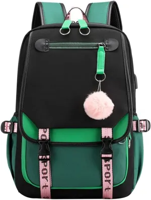 Kawaii Backpack with Cute Accessories Laptop Backpack 17 inch Aesthetic USB Charging Port Headphone Jack (Green)