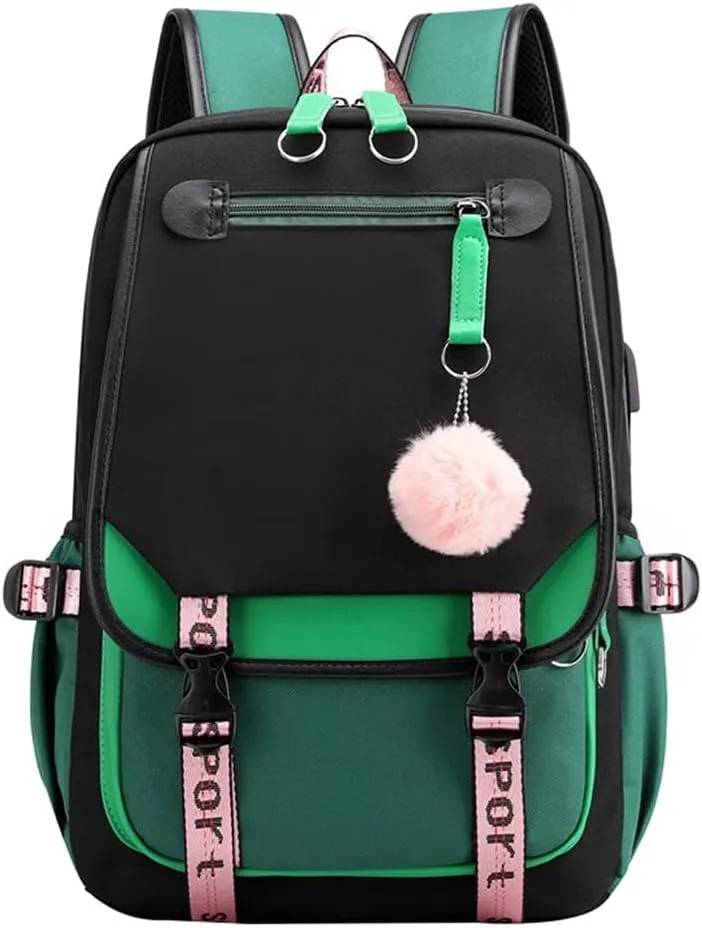 Kawaii Backpack with Cute Accessories Laptop Backpack 17 inch Aesthetic USB Charging Port Headphone Jack (Green)