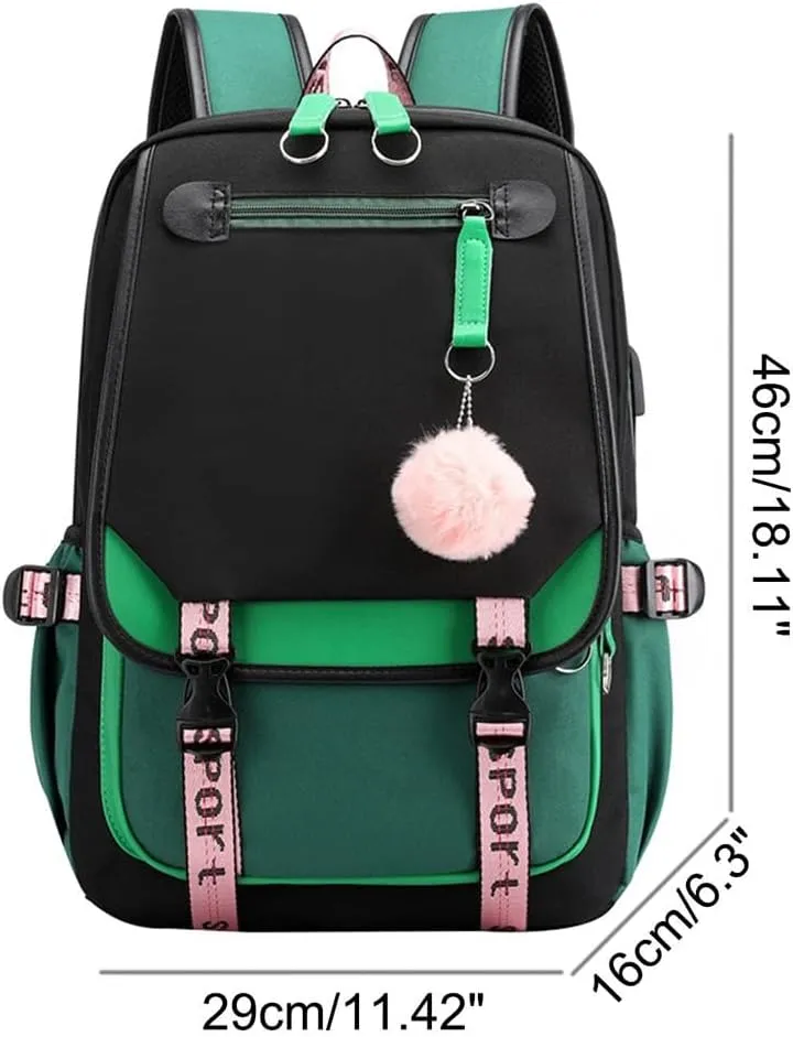 Kawaii Backpack with Cute Accessories Laptop Backpack 17 inch Aesthetic USB Charging Port Headphone Jack (Green)
