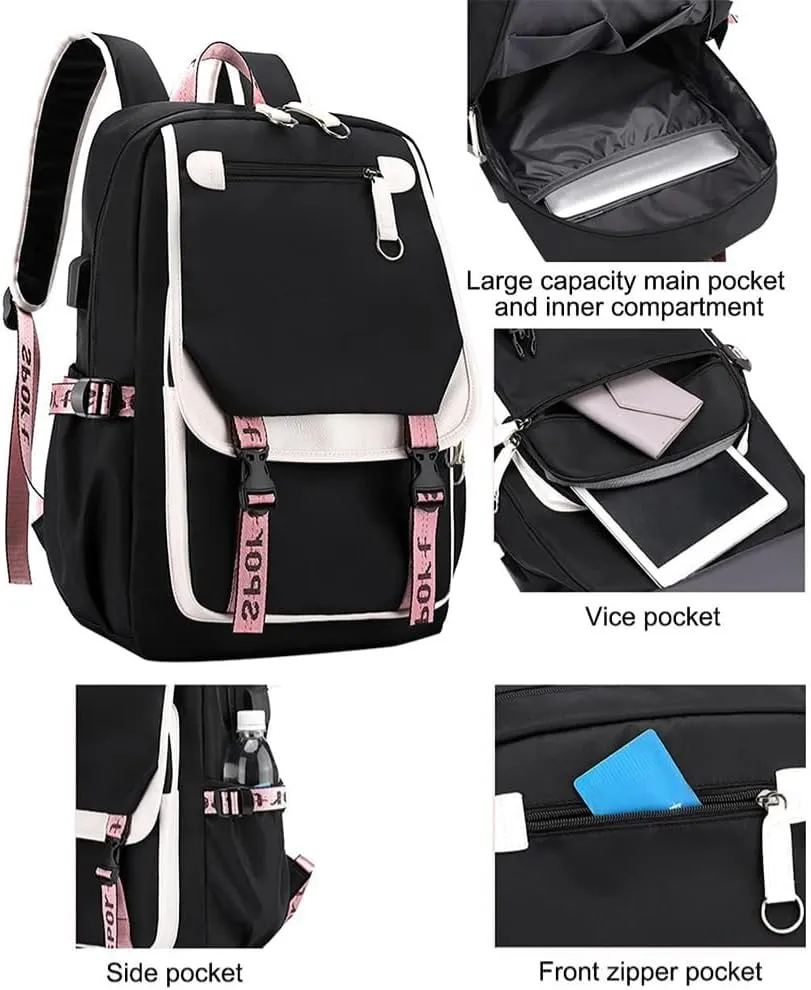 Kawaii Backpack with Cute Accessories Laptop Backpack 17 inch Aesthetic USB Charging Port Headphone Jack (Green)