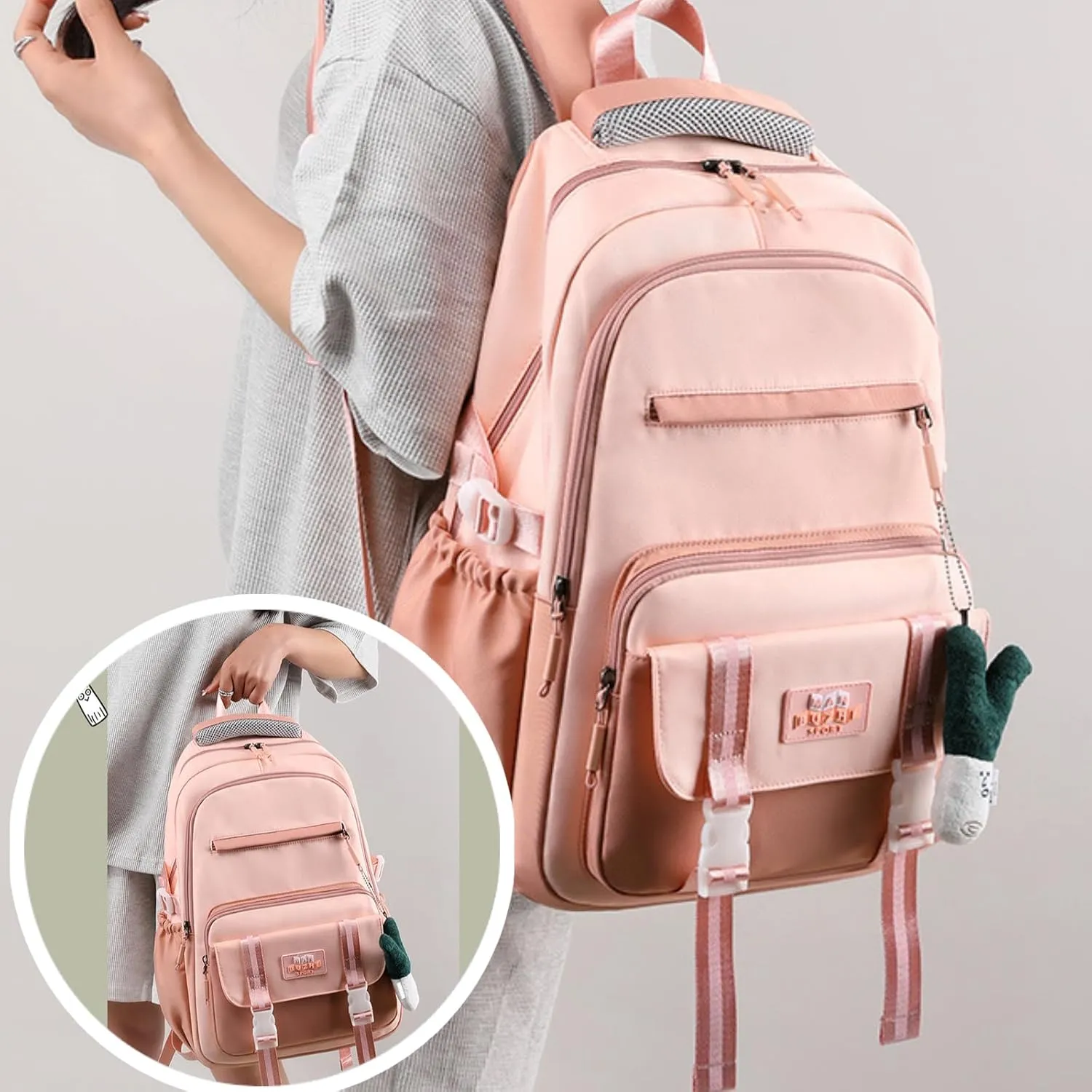 Kawaii Backpack with Cute Accessories Pendant Travel Bag Large Outdoor Waterproof Casual Daypack Women Men (Pink)