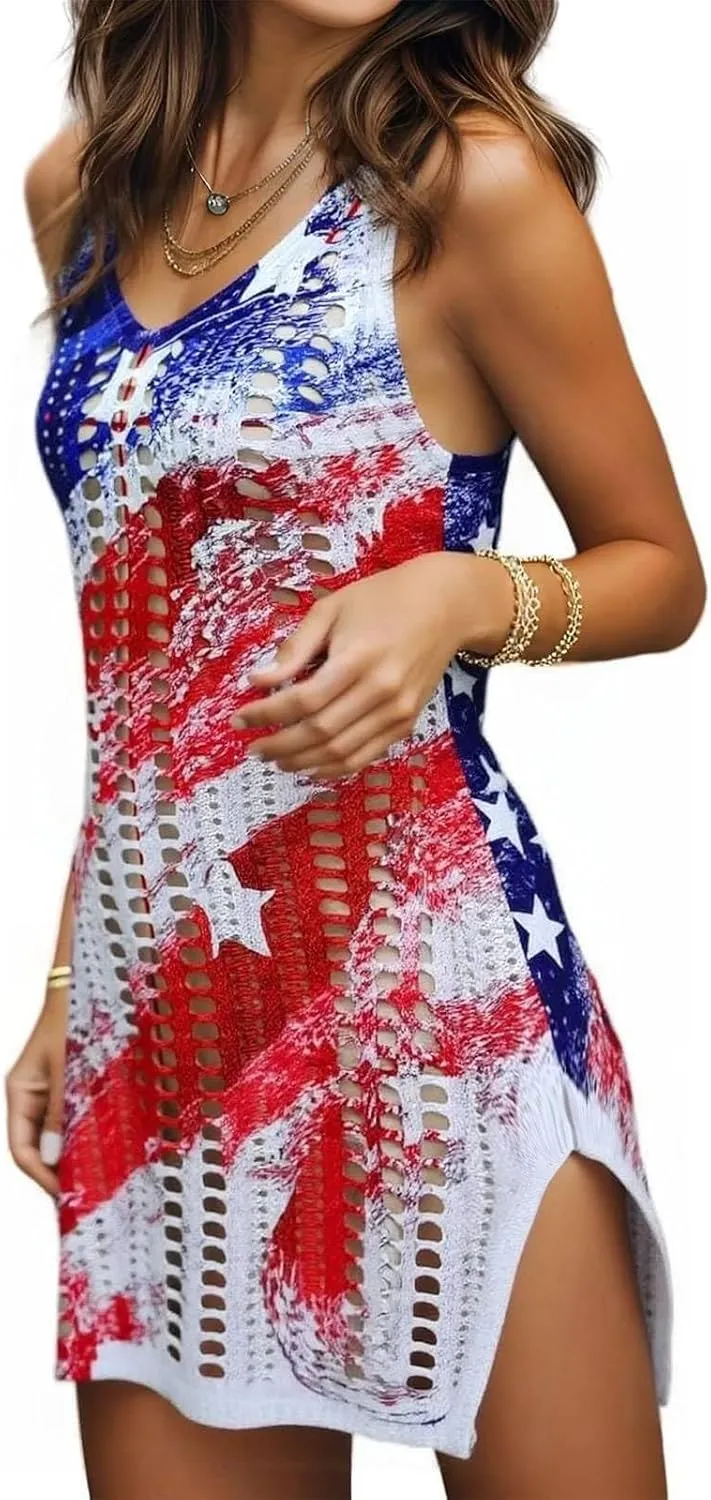 KIDDAD American Flag Swimsuits Coverup for Women Crochet Bathing Suit Cover Ups 4th of July Beach Swimwear Tank Dresses