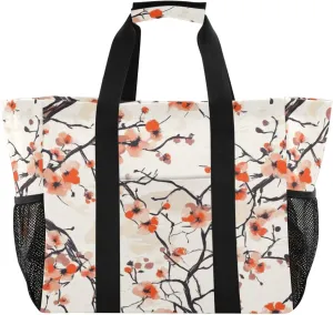 Kigai Pink Peach Flowers Reusable Grocery Bag with Handles Waterproof Foldable Extra Large Tote Shopping Bag Standing Organizer for Picnics, Beach, Pool, Laundry, Car, Camping