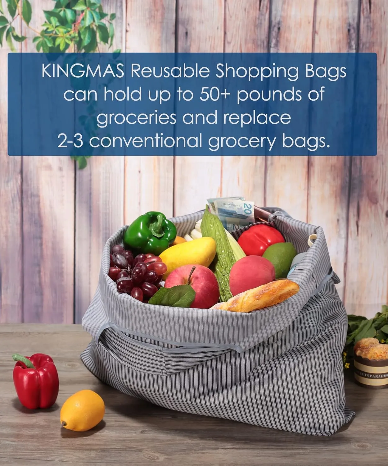 KINGMAS Reusable Grocery Bags, Eco-Friendly Folding Tote Shopping Bag fits in Pocket, Washable Waterproof Nylon Pouch Bags