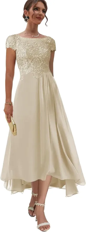 Lace Long Mother of The Bride Dresses for Women Chiffon Champagne Evening Dress Short Sleeve Formal Gown Size 16