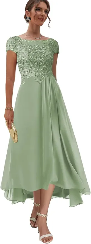 Lace Long Mother of The Bride Dresses for Women Chiffon Sage Green Evening Dress Short Sleeve Formal Gown Size 16