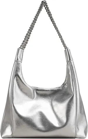 Ladies Silver PU Leather Tote Bags Leather Bucket Hobo Bags Metallic Shoulder Bags Large Fashion Hobo Purse