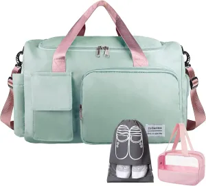 Large Weekender Overnight Bag with Shoes Compartment, Personal Tote for Women or Men, Waterproof Carry-on with Clear Cosmetic & Shoe Bags, 3Pcs Set (Green Pink)