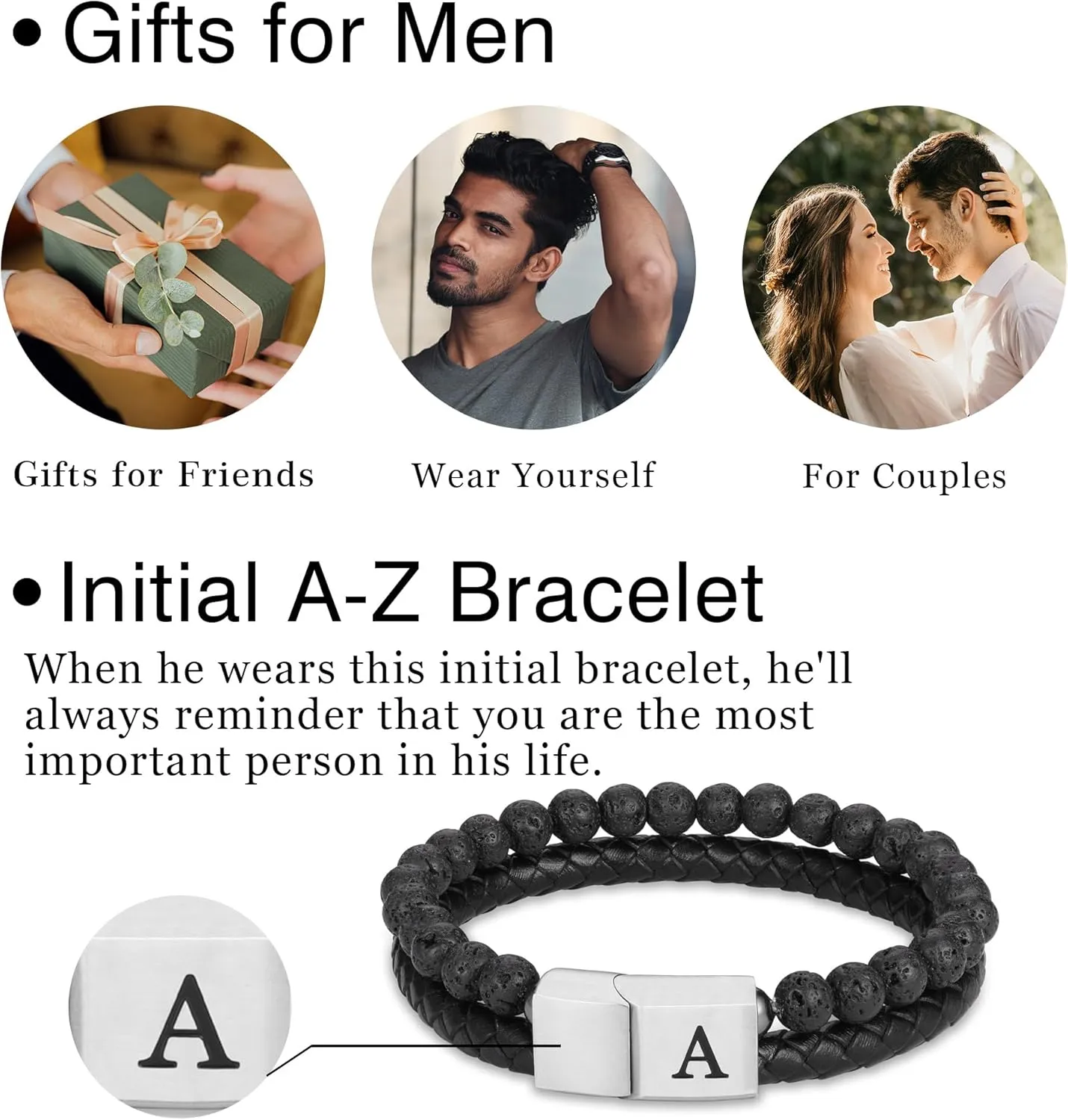 Leather Bead Bracelet for Men with Initial - 6mm Natural Lava Rock Leather Initial Bracelet Magnetic Clasp Mens Anxiety Bracelets Jewelry Gifts for Men Husband Dad