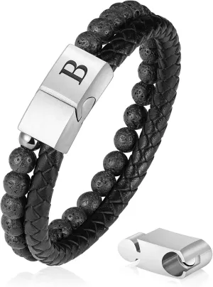 Leather Bead Bracelet for Men with Initial - 6mm Natural Lava Rock Leather Initial Bracelet Magnetic Clasp Mens Anxiety Bracelets Jewelry Gifts for Men Husband Dad