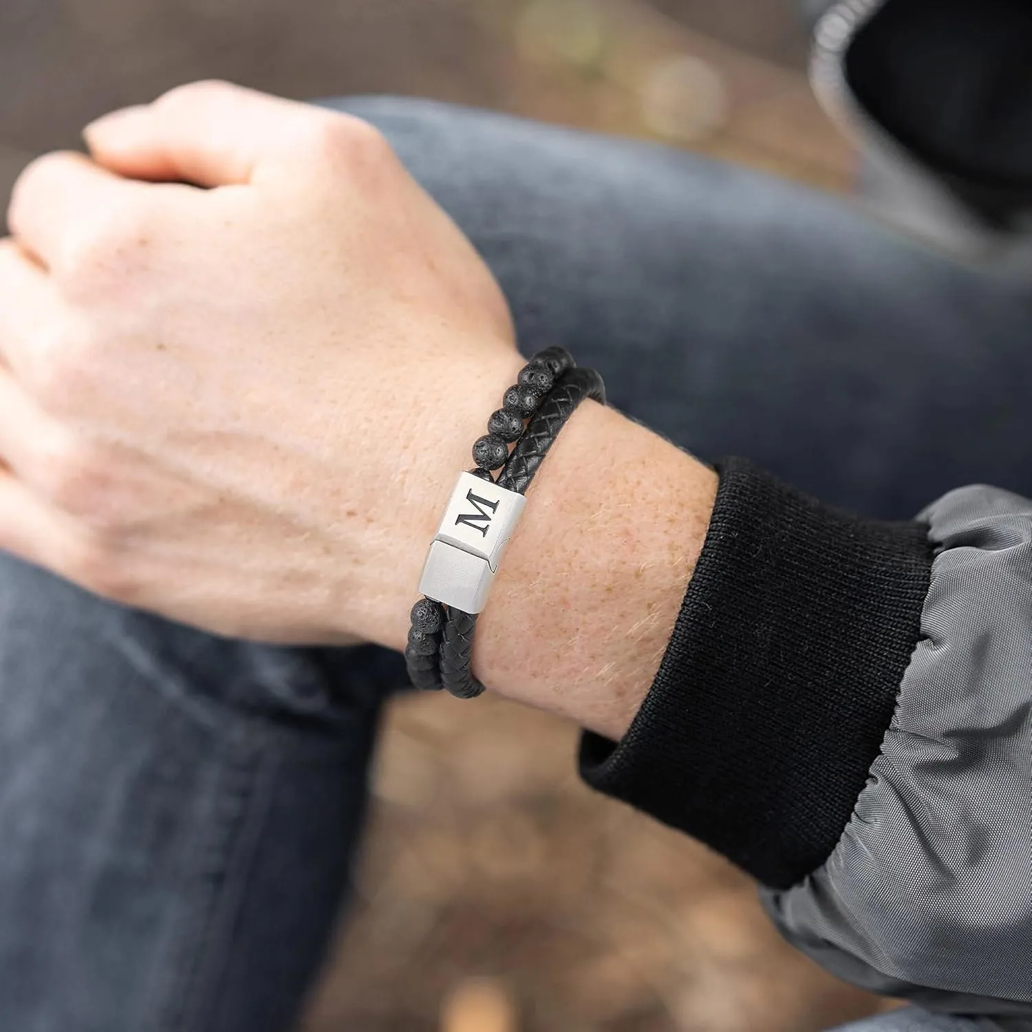 Leather Bead Bracelet for Men with Initial - 6mm Natural Lava Rock Leather Initial Bracelet Magnetic Clasp Mens Anxiety Bracelets Jewelry Gifts for Men Husband Dad