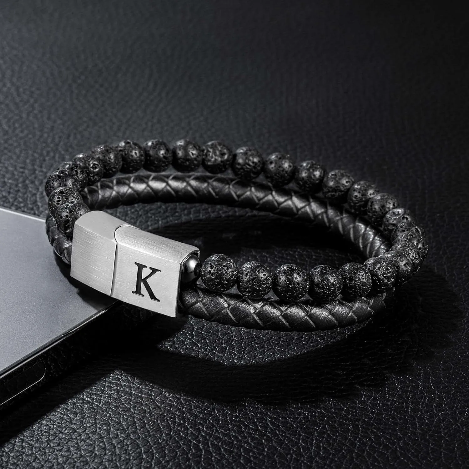 Leather Bead Bracelet for Men with Initial - 6mm Natural Lava Rock Leather Initial Bracelet Magnetic Clasp Mens Anxiety Bracelets Jewelry Gifts for Men Husband Dad