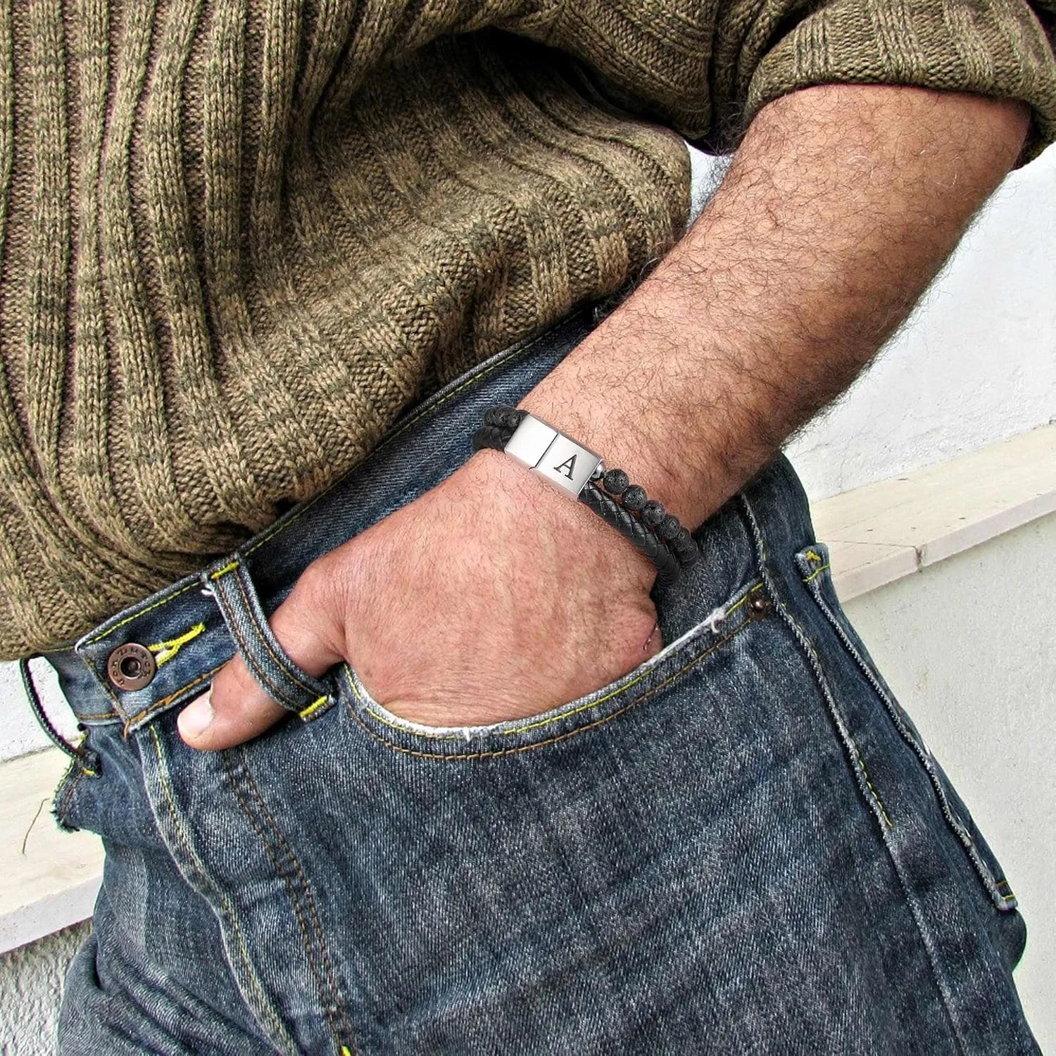 Leather Bead Bracelet for Men with Initial - 6mm Natural Lava Rock Leather Initial Bracelet Magnetic Clasp Mens Anxiety Bracelets Jewelry Gifts for Men Husband Dad