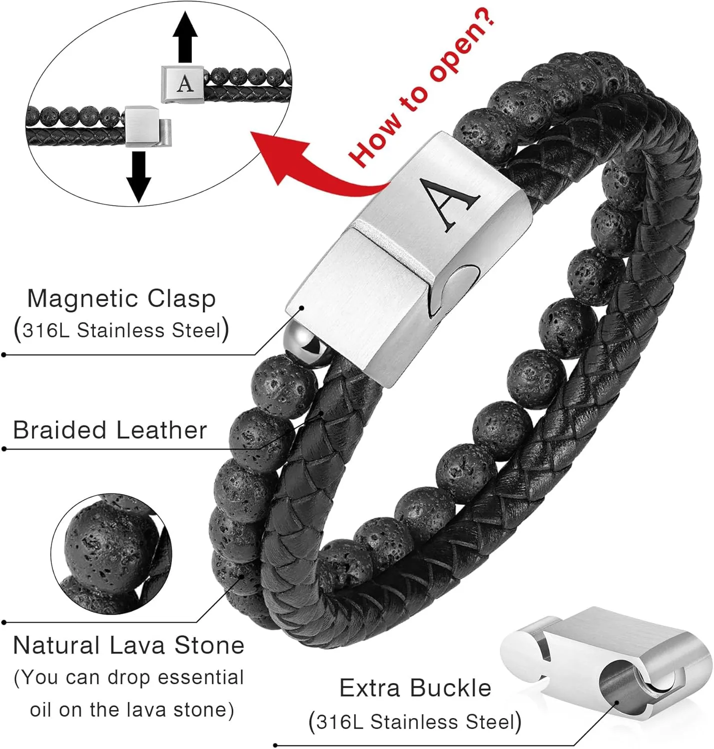 Leather Bead Bracelet for Men with Initial - 6mm Natural Lava Rock Leather Initial Bracelet Magnetic Clasp Mens Anxiety Bracelets Jewelry Gifts for Men Husband Dad