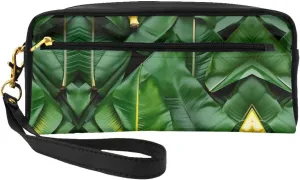 Leather Small Makeup Bag  Banana Leaves Print Travel Toiletry Bag, Cosmetic Accessories Organizer for Business Trips