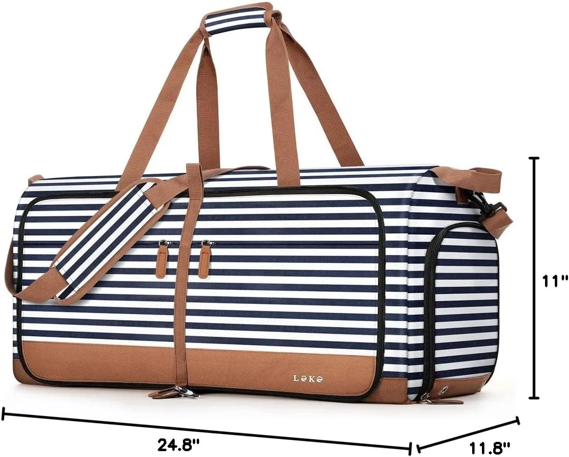 Lekesky Foldable Travel Duffle Bag for Women, 60L Large Duffel Bag with Separate Shoes Compartments & Straps, Carry On Weekend Bag for Women, Hospital, Overnight (Blue Stripes)