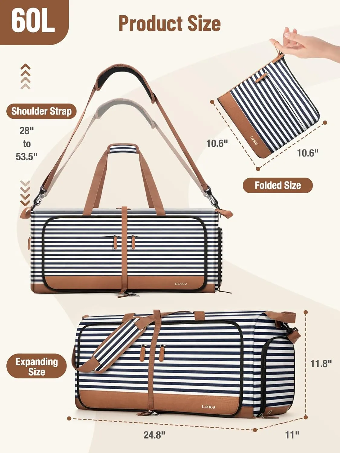 Lekesky Foldable Travel Duffle Bag for Women, 60L Large Duffel Bag with Separate Shoes Compartments & Straps, Carry On Weekend Bag for Women, Hospital, Overnight (Blue Stripes)