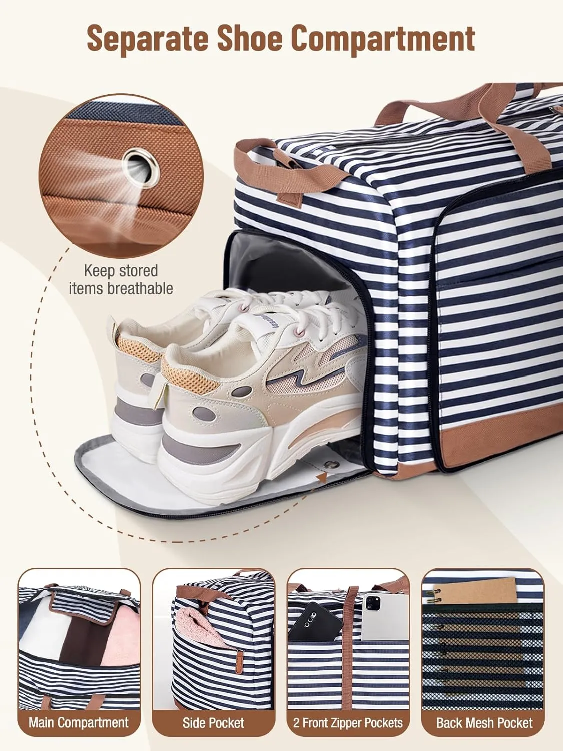 Lekesky Foldable Travel Duffle Bag for Women, 60L Large Duffel Bag with Separate Shoes Compartments & Straps, Carry On Weekend Bag for Women, Hospital, Overnight (Blue Stripes)