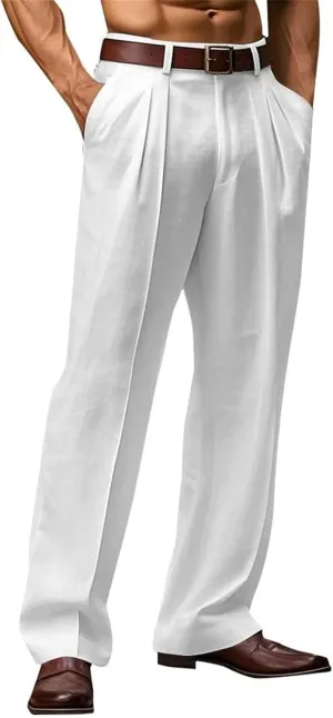 Linen Dress Pants Men Plain Front Pleated Pant Summer Outdoor Vacation Beach Lightweight Trousers Open Bottom Slacks