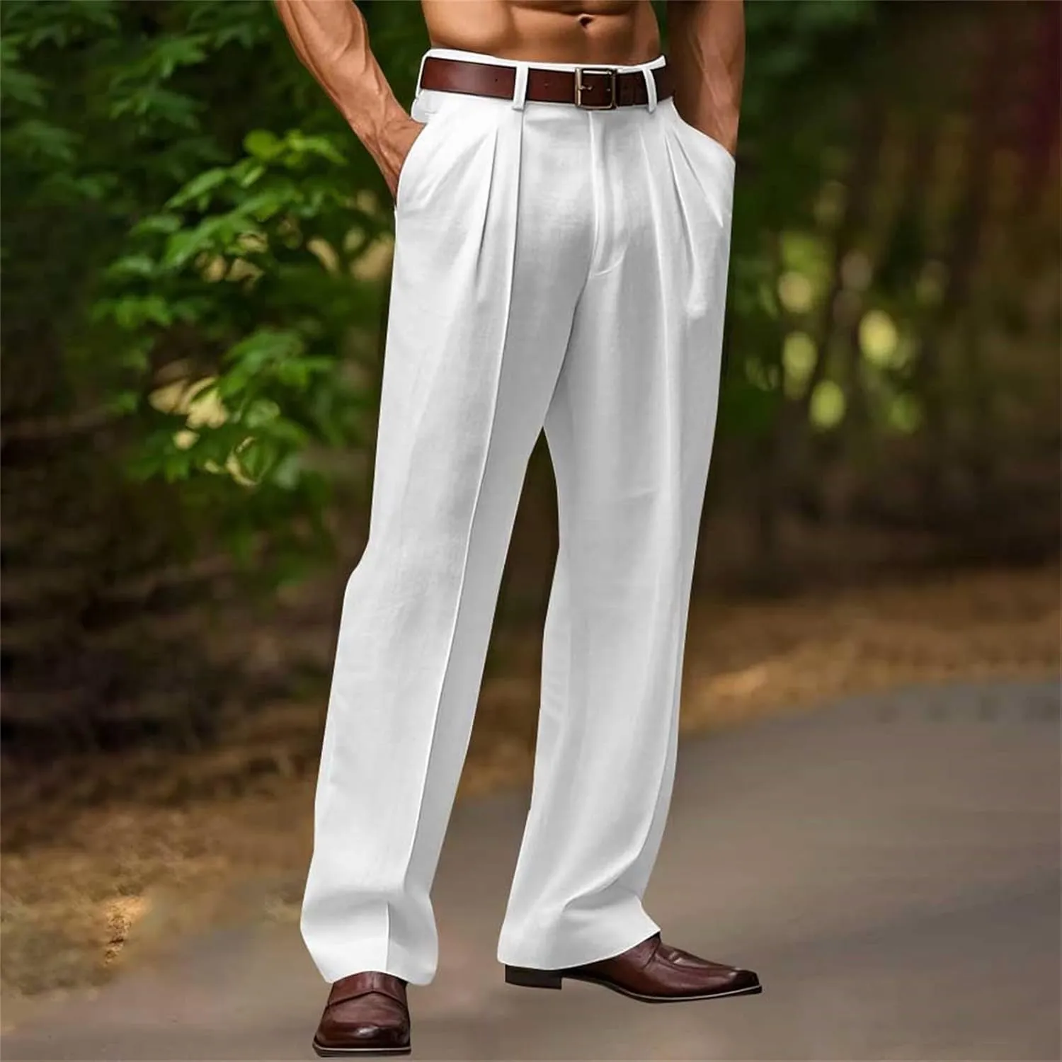 Linen Dress Pants Men Plain Front Pleated Pant Summer Outdoor Vacation Beach Lightweight Trousers Open Bottom Slacks